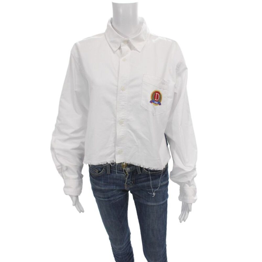 Danzy Womens Cropped Button-Up White Collared Long Sleeve Cotton Preppy Size M